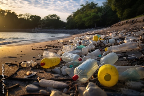 Plastic Bottles, Waste on Beach near Swimming Area, Environmental Pollution Scene Photo
