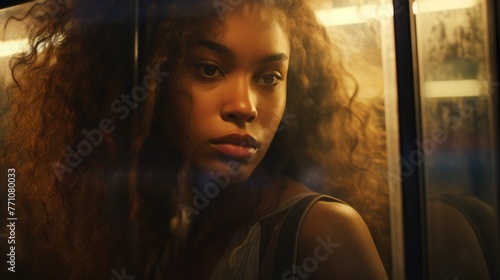 Street dreamy photo sad black woman model window looking at camera portrait reflection glare © Wiktoria