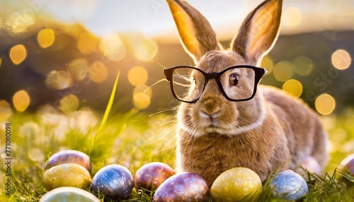 cute rabbit wearing glasses with easter eggs on bokeh backgroundd photo