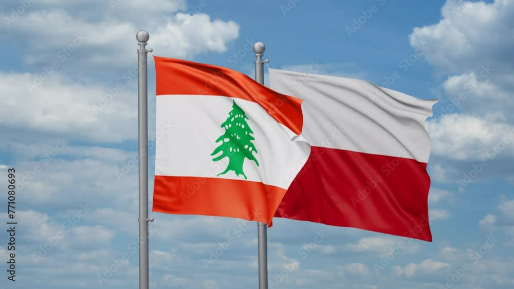 Poland and Lebanon two flags waving together, looped video, two country cooperation concept Poland and Lebanon two flags waving together, looped video, two country cooperation concept