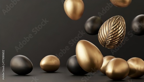 falling luxury golden 3d easter egg with pattern on black background 3d rendering happy easter luxury background with golden and black eggs