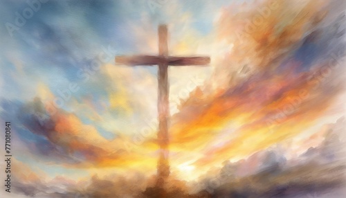 blurry abstract background painting in watercolor depicting a conceptual cross or other religious symbol over a sky at sunset with clouds as god illustration