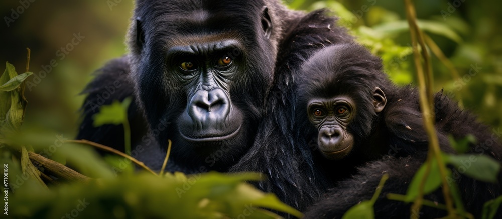 Two primates with large heads and eyes are standing next to each other in the jungle. The terrestrial animals have snouts and are surrounded by grass and other natural materials Two primates with large heads and eyes are standing next to each other in the jungle. The terrestrial animals have snouts and are surrounded by grass and other natural materials