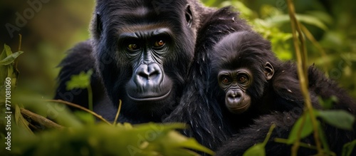 Two primates with large heads and eyes are standing next to each other in the jungle. The terrestrial animals have snouts and are surrounded by grass and other natural materials