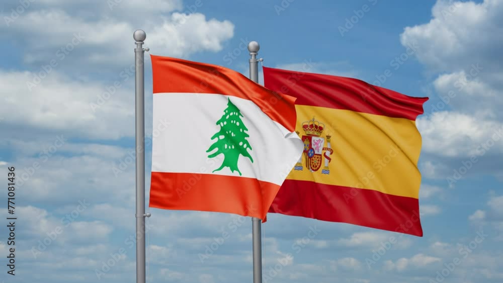 Spain and Lebanon two flags waving together, looped video, two country cooperation concept Spain and Lebanon two flags waving together, looped video, two country cooperation concept
