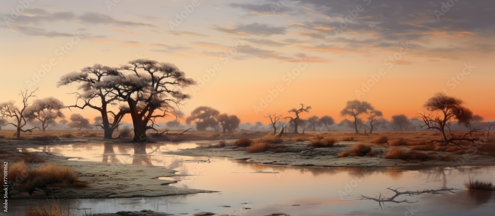 A beautiful natural landscape painting featuring a river with trees in the foreground, a sunset in the background, and a sky filled with colorful clouds during dusk