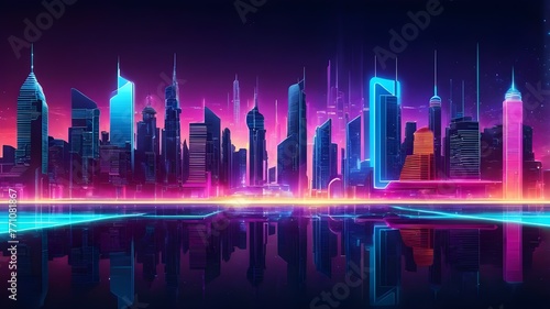 Futuristic Cityscape with Neon Lights - Hi-tech Sci-fi Urban Landscape, Digital Art Concept