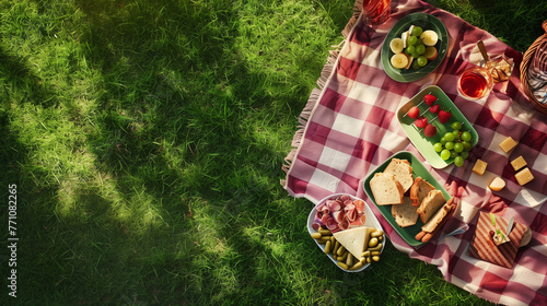 A checkered picnic blanket laid out on lush green grass, adorned with an array of sandwiches, fruits, cheese, and wine, ready for a delightful outdoor feast