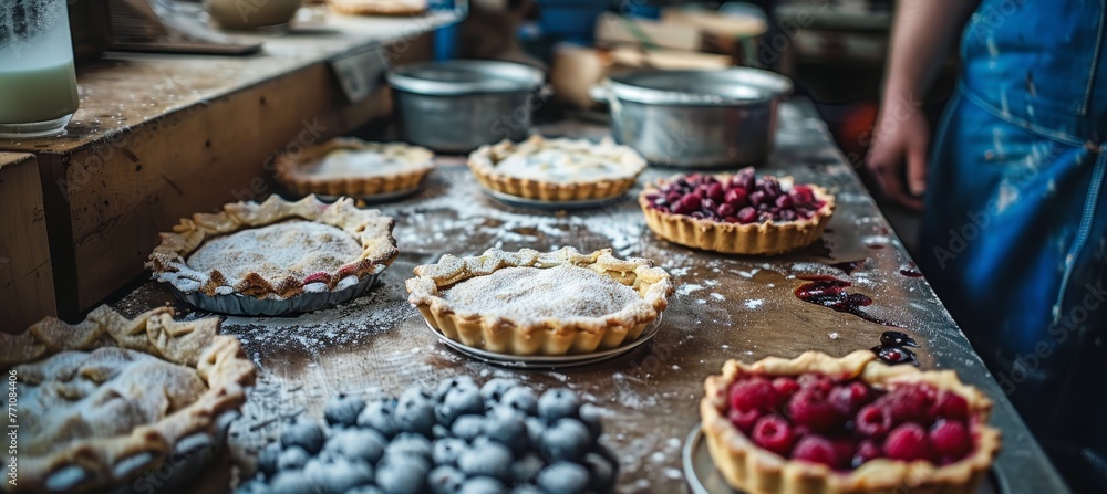 Variety of delicious tarts displayed in a professional indoor kitchen table photo studio