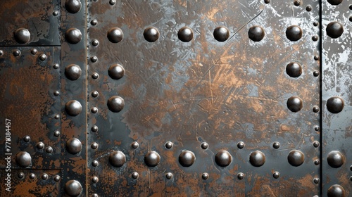 Rusted metal texture with rivets for an industrial background. Weathered and aged steel surface with a detailed pattern.