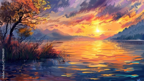 Panoramic landscape view beautiful sunset at coast of the lake. AI generated image