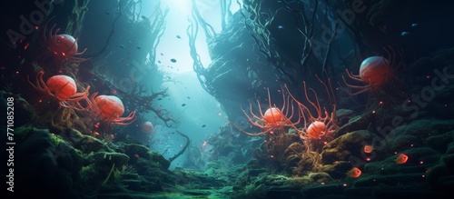 An underwater painting depicting a vibrant coral reef with electric blue jellyfish and seaweed, showcasing the beauty of marine biology in the dark depths of the water © AkuAku
