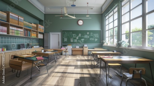 Modern empty classroom building with desks, seats, blackboard. AI generated image