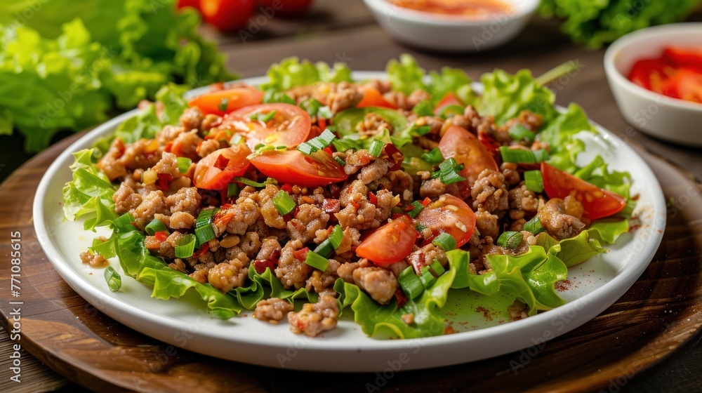 Pork minced spicy with lettuce and tomatoes in white plate on the table. AI generated image Pork minced spicy with lettuce and tomatoes in white plate on the table. AI generated image