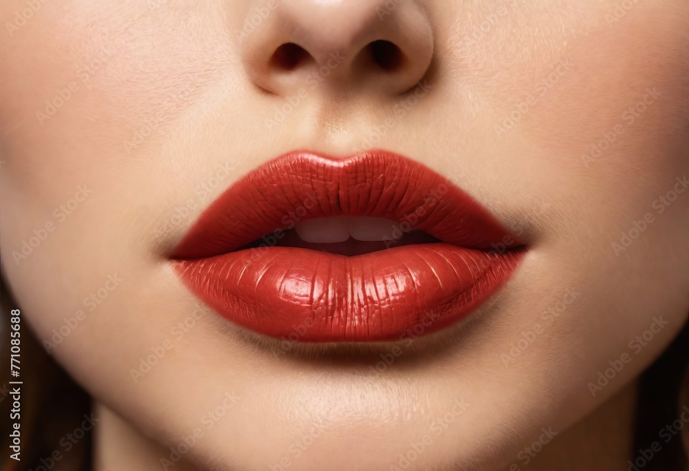 Fototapeta premium Close-up of female lips with glossy red lipstick, beautiful natural lips. Concept of fashion, beauty, lipstick, gloss, lip augmentation