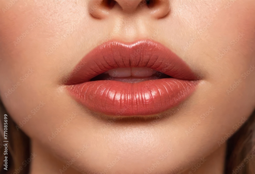 Fototapeta premium Closeup of female lips with glossy lipstick, beautiful natural lips. Concept of fashion, beauty, lipstick, gloss, lip augmentation
