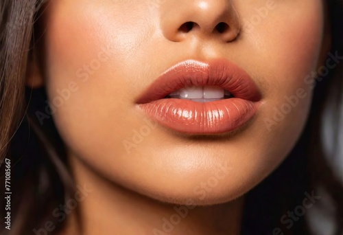 Closeup of female lips with glossy lipstick  beautiful natural lips. Concept of fashion  beauty  lipstick  gloss  lip augmentation