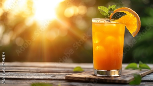 Refreshing orange juice in glass with mint leaves on blurred background, ideal for text placement