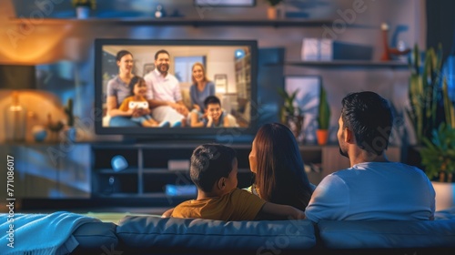 Happy family watching movie in big screen television. AI generated image