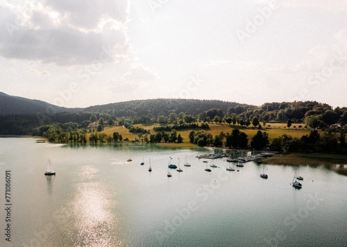 Fantastic evening panorama of Bachalp lake Bachalpsee, Switzerland.  photo