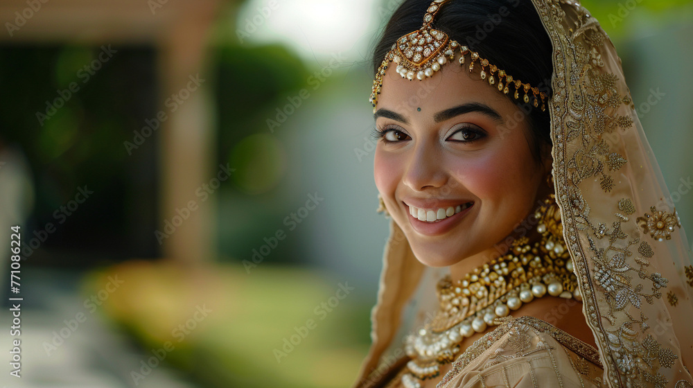 Indian Bride in a traditional dress with a veil and wearing jewelry