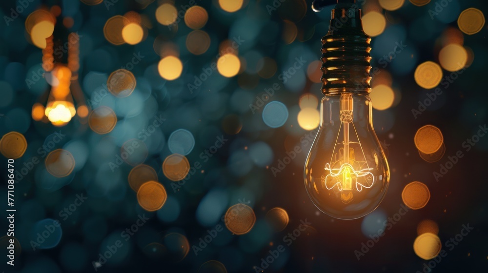 Many light bulbs light up at night with dark blur background. AI generated image Many light bulbs light up at night with dark blur background. AI generated image