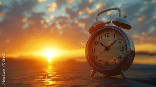 A close-up of an alarm clock showing early morning hours with a bright sunrise in the background