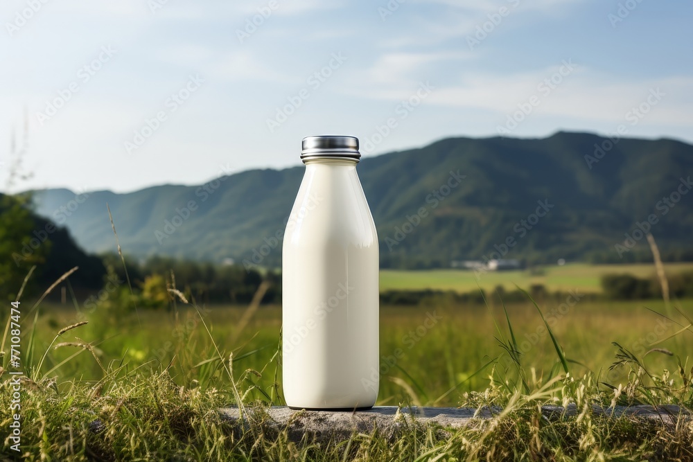 Milk bottle with no lettering on background of nature and countryside. Layout. Farming. For banners, posters, backgrounds, advertising. Milk bottle with no lettering on background of nature and countryside. Layout. Farming. For banners, posters, backgrounds, advertising.