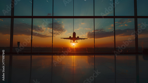 Silhouette of a plane taking off or landing in sunset sky from empty airport lobby, concept of taking off, start up, travel, go back home, with copy space