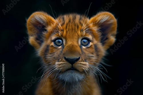 Tiger cub with striking blue eyes on a black background.