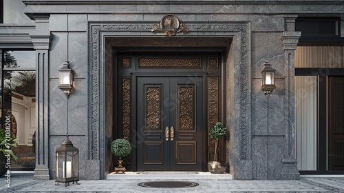 A main door design inspired by cultural influences from around the world, featuring intricate patterns or symbolic motifs that reflect the homeowners' heritage and global perspective in