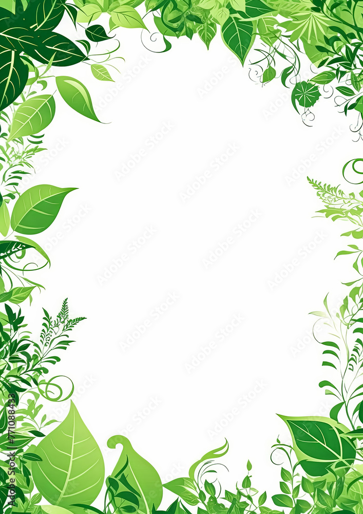 A green leafy border with a white background. The border is made up of various types of leaves and branches