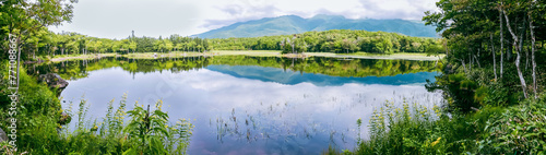 A panoramic view in late summer over the Niko (second) lake of Shiretoko Goko Lakes in Shiretoko National Park, a UNESCO World Natural Heritage site in Hokkaido of Japan