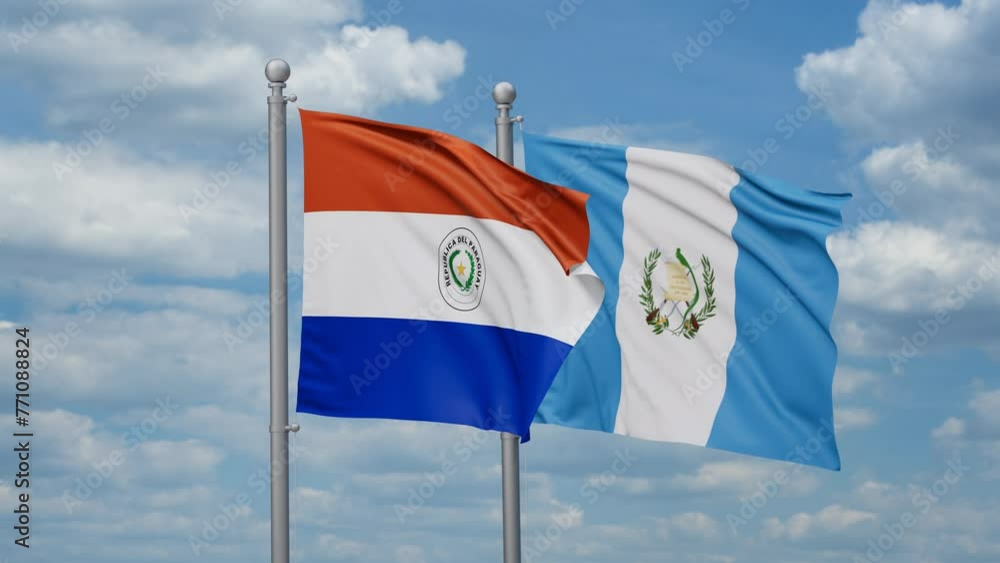 Guatemala and Paraguay two flags waving together, looped video, two country relations concept Guatemala and Paraguay two flags waving together, looped video, two country relations concept