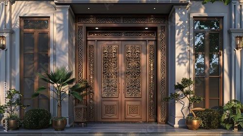 A main door design inspired by cultural influences from around the world, featuring intricate patterns or symbolic motifs that reflect the homeowners' heritage and global perspective in