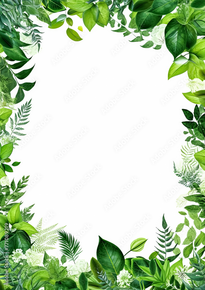 A green leafy border with a white background. The border is made up of various types of leaves and branches A green leafy border with a white background. The border is made up of various types of leaves and branches
