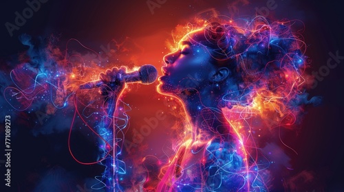 Singer enveloped in cosmic energy, Concept of music, soul, and the universe resonating as one
