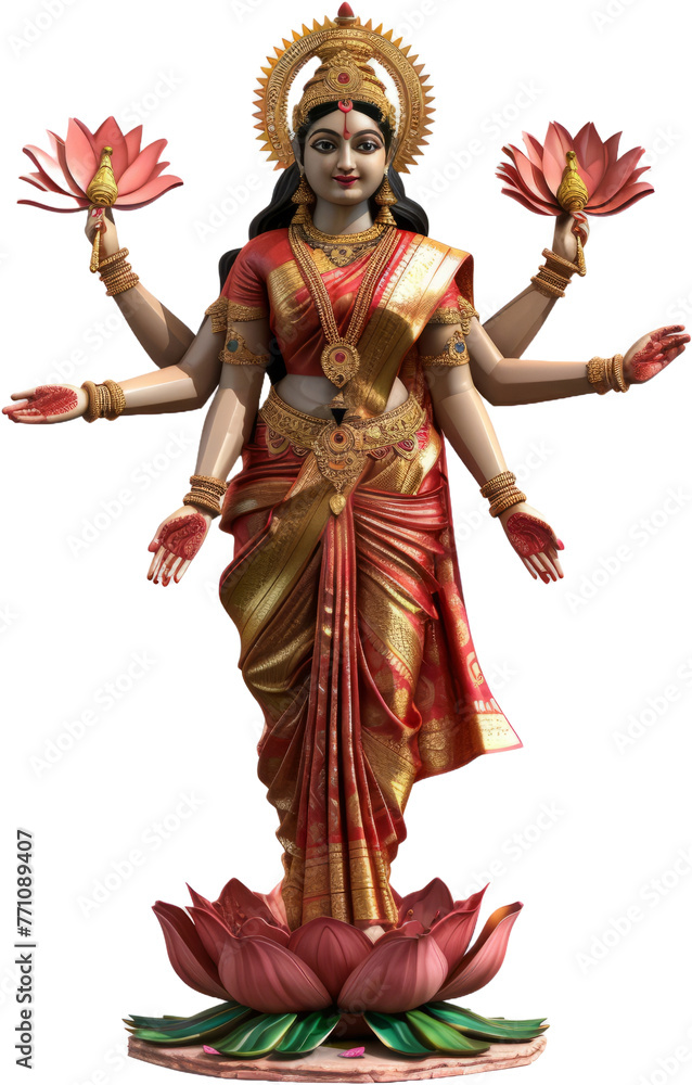 Fototapeta premium Hindu goddess Lakshmi statue with traditional saree and ornaments cut out on transparent background