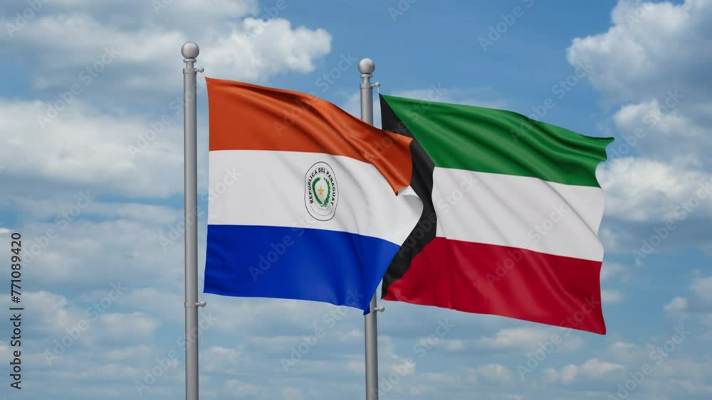 Kuwait and Paraguay two flags waving together, looped video, two country cooperation concept Kuwait and Paraguay two flags waving together, looped video, two country cooperation concept