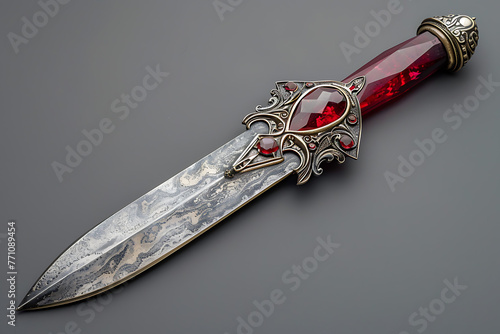Intricately designed long dagger featuring a red crystal, elegantly placed on a dark velvet background, evoking a sense of mystery and enchantment
