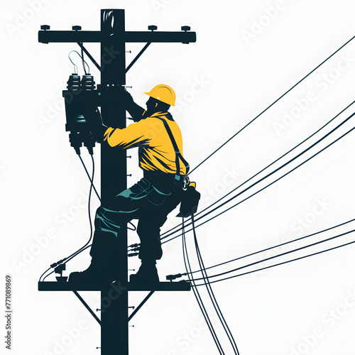Electricity, repair, maintenance, power, lines, isolated, white, background, realistic, png, utility, worker, hardhat, safety, equipment, tools, pliers, wrench, gloves, boots, harness, climbing, tower photo