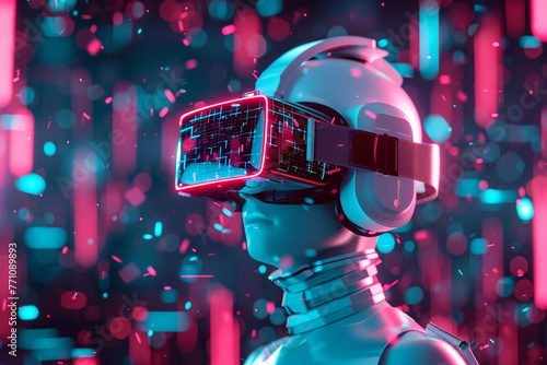 The next internet generation is called Metaverse. VR Metaverse concept, 3D virtual reality headgear with items floating around. Illustration in 3D render. photo