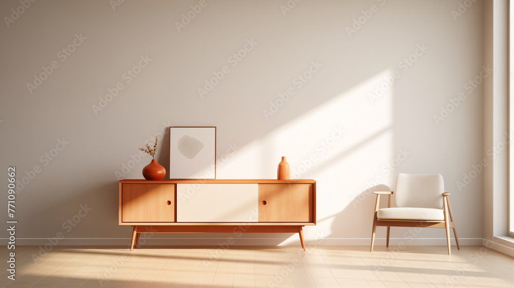 Minimal Interior Design of A Stylish Room. Armchair, Art Frame on Wooden Credenza with Orange Ceramic Vases Next to Window. Natural Sunlight on White Wall. Copy Space. Empty Wall Mock Up Background. Minimal Interior Design of A Stylish Room. Armchair, Art Frame on Wooden Credenza with Orange Ceramic Vases Next to Window. Natural Sunlight on White Wall. Copy Space. Empty Wall Mock Up Background.