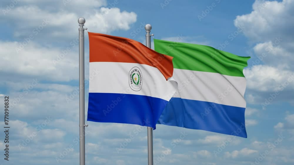 Sierra Leone or Salone and Paraguay two flags waving together, looped video, two country cooperation concept Sierra Leone or Salone and Paraguay two flags waving together, looped video, two country cooperation concept