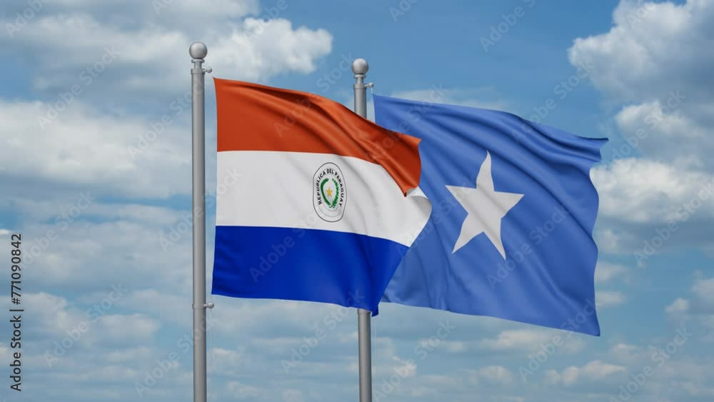 Somalia and Paraguay two flags waving together, looped video, two country cooperation concept Somalia and Paraguay two flags waving together, looped video, two country cooperation concept