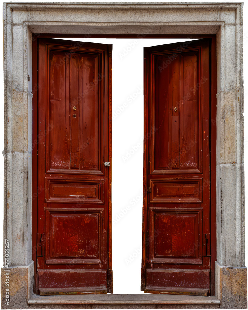 Classic wooden door half-open with frame cut out on transparent background Classic wooden door half-open with frame cut out on transparent background