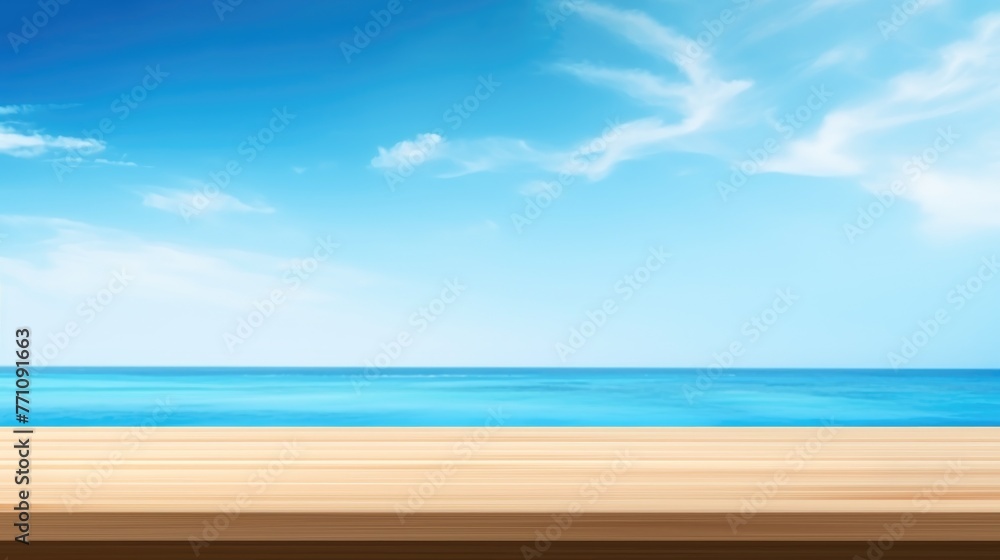 Fototapeta premium Empty wooden table top in front, blurred blue ocean water background. Summer vacation background with empty space for advertising product. Vacation blank horizontal scene 