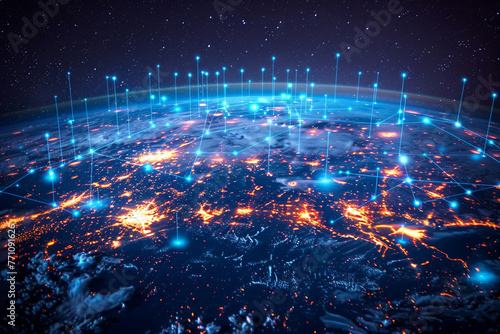 World Technology Concepts. Global Network and Information Sharing. Virtual Metaverse Technology. World Trade. Internet of Things, finance, and telecommunication megatrends.