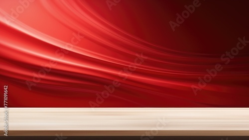 Red curtain, empty scene background. Blank podium with wooden floor and red wavy wall. Abstract empty table top in front, blurred red gradient background