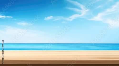 Empty wooden table top in front  blurred blue ocean water background. Summer vacation background with empty space for advertising product. Vacation blank horizontal scene 